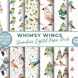 Whimsy Wings Seamless Patterns Cute birdies digital backgrounds Whimsical birds digital papers Cute bird gift wrap printable paper printable