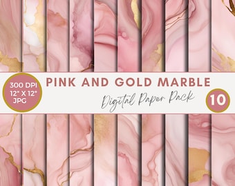 May include: A digital paper pack featuring ten variations of pink and gold marble patterns. The image displays text reading PINK AND GOLD MARBLE Digital Paper Pack, 300 DPI, 12 inches by 12 inches, JPG, and the number 10 within circular frames.