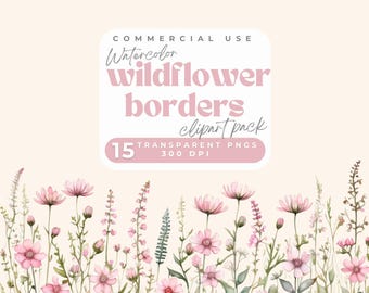 Bordo di fiori selvatici rosa tenue PNG, Clipart floreale ad acquerello, Clip art floreale di fiori selvatici, Set di bordi floreali, Clipart di nozze, PNG trasparente