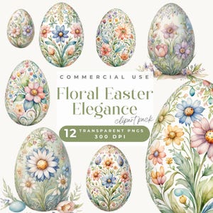 Clipart di uova di Pasqua con acquerello floreale Clipart di uova con acquerello floreale Clipart digitale di uova con fiori dipinti su PNG creazione di carte arte murale carta artigianale