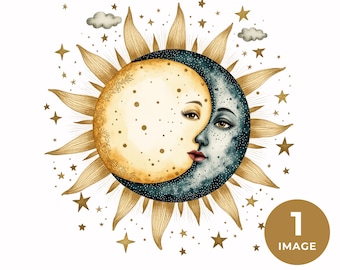 Mystical Sun and Moon Clipart, Printable Celestial PNG, Boho Sky Illustration, Astrology Clip Art, Spiritual Moon Sun, Crescent moon graphic