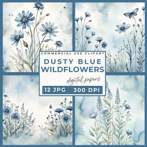 Dusty blue wildflower watercolor digital paper, Printable dusty blue watercolor floral graphics, wedding scrapbook Papercraft, Junk Journal