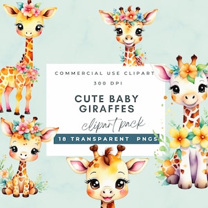 Aquarelle mignon girafe Clipart, bébé girafe PNG, Clipart floral girafe, animaux de la jungle PNG, décoration de chambre d'enfant girafe, clipart bébé girafe