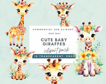 Watercolor Cute Giraffe Clipart, Baby Giraffe PNG, Floral Giraffe Clipart, Jungle Animals PNG, Giraffe Nursery Decor, Giraffe Baby Clipart