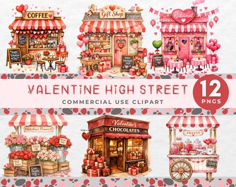 Valentines Shop High Street Clipart, Charming Valentine Clip art for Small Businesses, Digital Watercolor Art for Valentine's Day