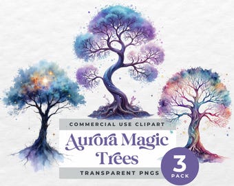 Mystical Tree Clipart, Aurora Magic Trees Set, Purple Fantasy Galaxy Tree Clip Art, Whimsical Nature Illustration, Sublimation Graphics