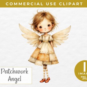 May include: Watercolor illustration of a sweet angel with light brown hair and large wings. The angel wears a patchwork dress in shades of cream, tan, and brown, with red shoes. The image includes the text "Patchwork Angel" and "Commercial Use Clipart".