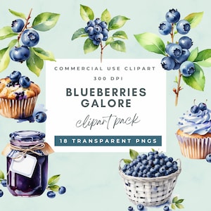 Watercolor Blueberry Clipart Bundle, Blueberry Watercolor Clipart, Blueberries PNG, Blueberries Clipart, Blueberry Pie, Blueberry Cupcake