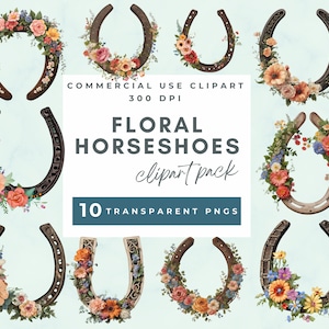 Floral Hufeisen Clipart, florale Hufeisen Clipart, glückliche Hufeisen Hochzeit, Junk Journals, Pferdeliebhaber, rustikale Hufeisen Clipart