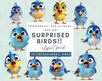 Paquete de imágenes prediseñadas de aves divertidas, png de aves divertidas, imágenes prediseñadas de aves sorprendidas, ilustraciones de aves extravagantes y divertidas, uso comercial de imágenes prediseñadas de animales divertidos