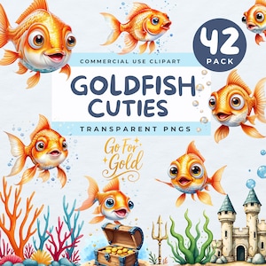 Gold Fish Clipart, Gold Fish PNG, Cute Goldfish Clip Art PNG, Cartoon Aquarium Fish, Watercolor Goldfish, Underwater Animals, Kids invite