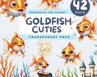 Gold Fish Clipart, Gold Fish PNG, Cute Goldfish Clip Art PNG, Cartoon Aquarium Fish, Watercolor Goldfish, Underwater Animals, Kids invite
