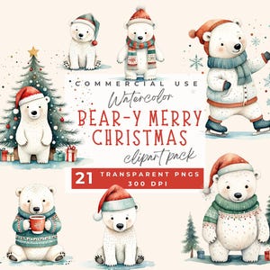Christmas Polar Bears Clipart, holiday clipart, cute whimsical polar bear, watercolor digital clip art, christmas animal png, arctic animals