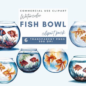 Fish bowl Clipart, Fish in Bowl Clipart, Goldfish PNG Printable Watercolor Clipart, Paper Crafts, Glass Bowl, High Quality PNG, Junk Journal