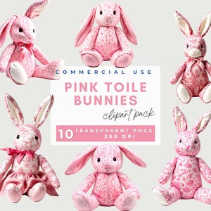 Toile De Jouy Bunny Clipart, gefüllte Häschen Clipart, Rosa Toile Bunnies Baby Rosa Blumen Chinoiserie Pngs Babyparty Dekorationen Kinderzimmer Kunst
