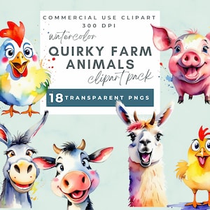 Aquarelle excentrique animaux de la ferme clipart, lunatique animaux de la ferme Clipart lunatique vache cochon chèvre mouton poulet illustration stupide animaux drôles