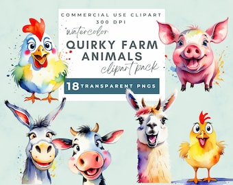 Aquarela peculiar animais de fazenda clipart, Whimsical Farm Animals Clipart Whimsical Vaca Porco Cabra Ovelha Frango Ilustração boba animais engraçados