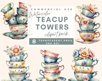 Teetasse Stapel Clipart, Aquarell Vintage Teetasse Stapel Clipart Tea Time PNG Digitalbild Kartenherstellung, Scrapbook Junk Journal, Papierhandwerk