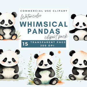 Lindo Panda acuarela Clipart, caprichosos pandas bebé PNG, caprichosos animales de safari clipart, decoración de la guardería del bebé, linda decoración del baby shower