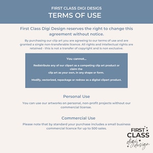 K&ouml;nnte beinhalten: Eine blaue und wei&szlig;e Grafik mit dem Text "First Class Digi Design" und "Nutzungsbedingungen". Die Grafik beschreibt die Nutzungsbedingungen f&uuml;r den Kauf von Clipart, einschlie&szlig;lich der pers&ouml;nlichen und kommerziellen Nutzung.