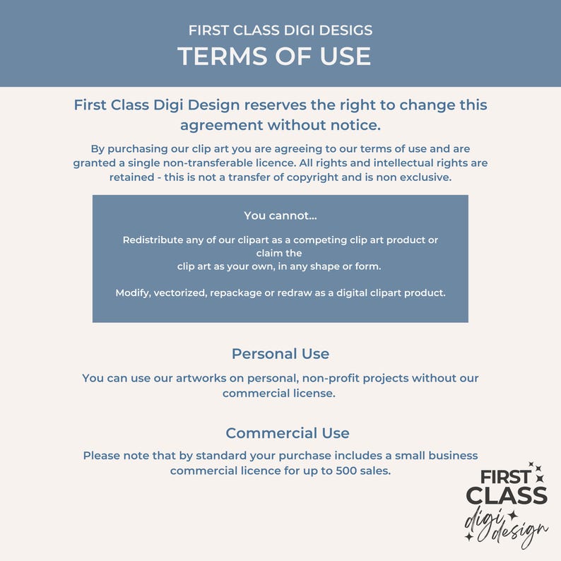 K&ouml;nnte beinhalten: Eine blaue und wei&szlig;e Grafik mit dem Text "First Class Digi Design" und "Nutzungsbedingungen". Die Grafik beschreibt die Nutzungsbedingungen f&uuml;r den Kauf von Clipart, einschlie&szlig;lich der pers&ouml;nlichen und kommerziellen Nutzung.