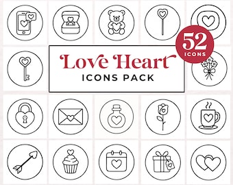 Love Heart Icons Pack, 52 SVG PNG Line Icons, Instagram highlights, Valentine Clipart, Cute Outline Graphics for Cricut and Printables