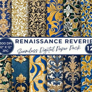 Puede incluir: Un paquete de papel digital con 12 patrones sin costuras que presentan intrincados diseños de inspiración renacentista en oro y azul. Los patrones miden 30,48 cm por 30,48 cm y 300 DPI.