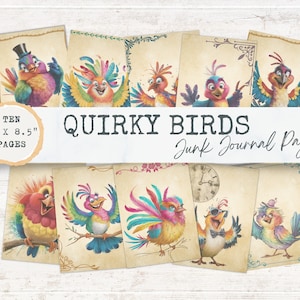Quirky birds Junk Journal Pages Bird Pages Bird Lovers Junk Journal Printable Journal, Colorful whimsical birds, Digital Crafts, art journal