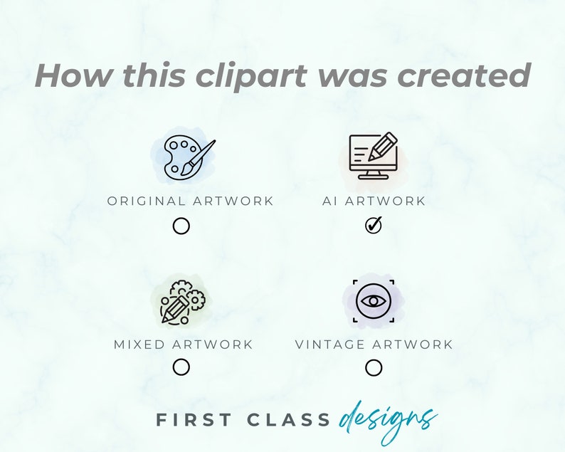 May include: A multiple choice quiz asks how a clipart image was created. The options are original artwork, AI artwork, mixed artwork, and vintage artwork. The AI artwork option is selected.