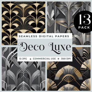 Carta digitale Deco Luxe, sfondi Art Déco in oro e argento, motivi geometrici metallici, carta per scrapbooking glamour, carta per feste anni '20