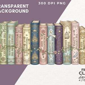Op de afbeelding: Een digitale illustratie van een stapel fantasyboeken met titels als "Enchanted Rose" en "Stardust Spells". De boeken zijn versierd met bloemenslingers en grillige ontwerpen, tegen een transparante achtergrond.