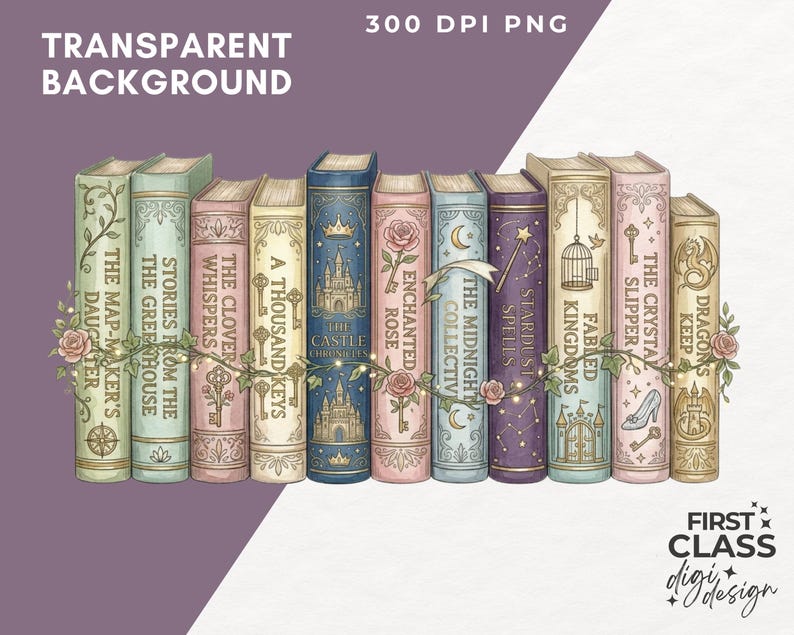 Op de afbeelding: Een digitale illustratie van een stapel fantasyboeken met titels als "Enchanted Rose" en "Stardust Spells". De boeken zijn versierd met bloemenslingers en grillige ontwerpen, tegen een transparante achtergrond.