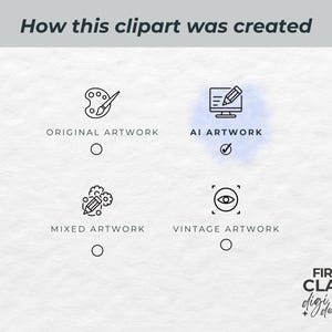Op de afbeelding: Afbeelding met de tekst "How this clipart was created". Vier opties worden gepresenteerd: "Original Artwork", "AI Artwork" (aangevinkt), "Mixed Artwork" en "Vintage Artwork". Het First Class Digi Design-logo staat onderaan.