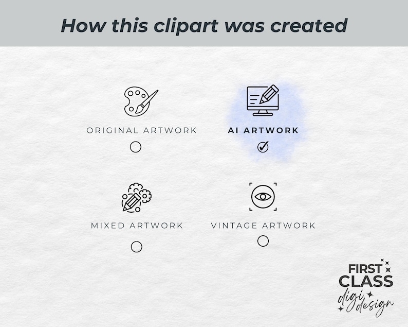 Op de afbeelding: Afbeelding met de tekst "How this clipart was created". Vier opties worden gepresenteerd: "Original Artwork", "AI Artwork" (aangevinkt), "Mixed Artwork" en "Vintage Artwork". Het First Class Digi Design-logo staat onderaan.