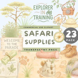 Aquarell Safari Clipart, Safari Zubehör PNG, Dschungel Abenteuer Requisiten, Entdecker Clip Art, Boho Jungle Elements, Szenenbauer-Expedition