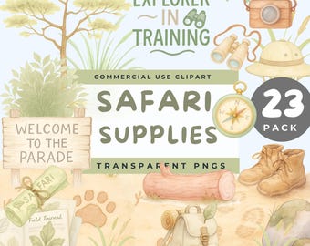 Watercolor Safari Clipart, Safari Supplies PNG, Jungle Adventure Props, Explorer Clip Art, Boho Jungle Elements, scene builders expedition
