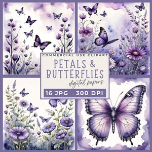 Purple watercolor butterfly clipart and flower digital paper, Garden Flowers clipart, Lilac Floral Clipart Spring Clipart Purple Florals JPG