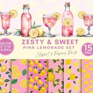 Könnte beinhalten: Ein Set mit 15 digitalen Illustrationen mit rosa Limonade, Zitronen und Blättern. Das Set enthält 6 Cliparts und 9 nahtlose Muster. Die Cliparts beinhalten einen Krug mit rosa Limonade, zwei Gläser mit rosa Limonade und Zitronen. Die Muster zeigen Zitronen und Blätter auf rosa Hintergrund.