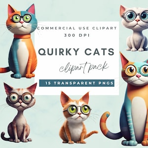 Quirky Cat Clipart, Whimsical Cats Clip art, Kawaii Cat, Quirky Cat Digital, Cute Cat Portraits, Commercial Use, Planner Clipart, Funny Cats