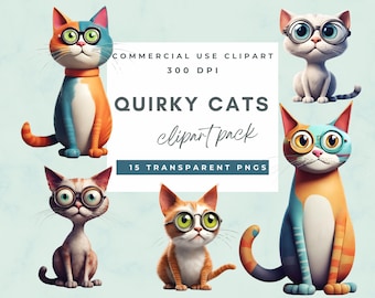 Clipart peculiar de gato, clipart de gatos caprichosos, gato Kawaii, gato peculiar digital, retratos de gatos fofos, uso comercial, clipart de planejador, gatos engraçados