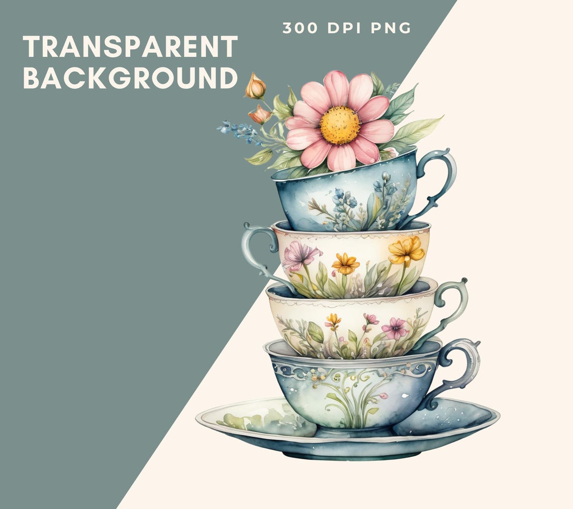 Teacup Stack Clipart, Watercolour Vintage Teacup Stacks Clipart Tea ...