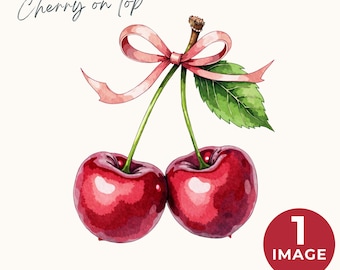 Cherry on Top Clipart, Watercolor Cherries with Pink Croquette Bow, DIY baby shower invitation, Fruit Illustration for Crafts and Stickers