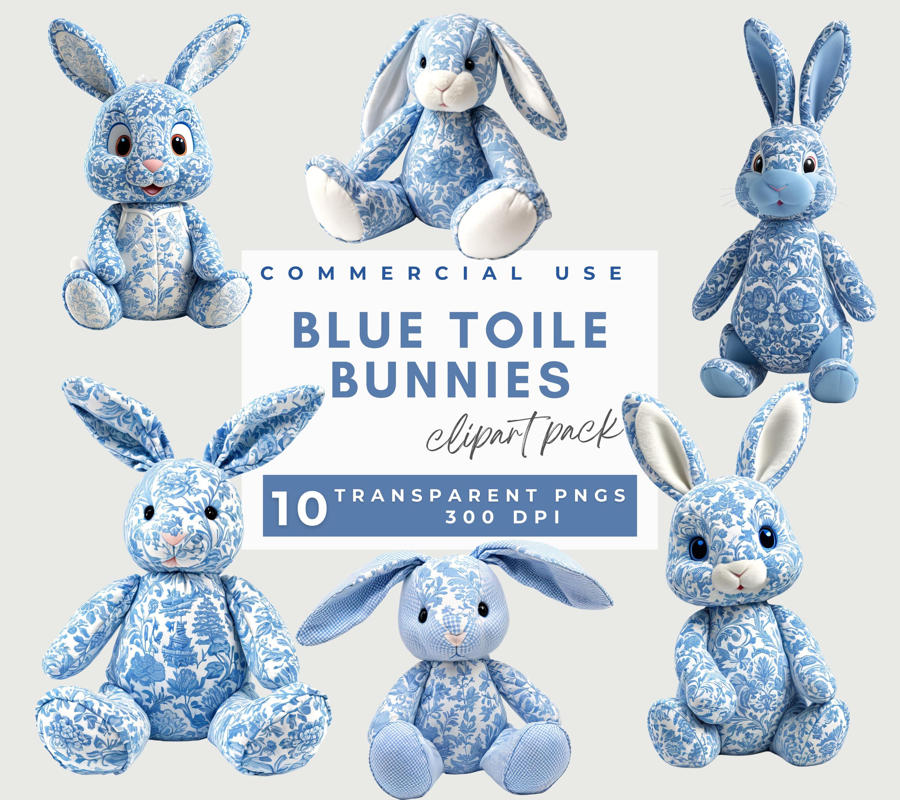 Toile De Jouy Bunny Clipart, Stuffed bunny clipart, Blue Toile Bunnies, Baby Blue Floral Chinoiserie Pngs, Baby Shower Decorations, Nursery