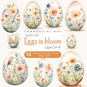 Clipart de ovos de Páscoa em aquarela floral, Páscoa Boho, Flores silvestres da primavera, Ovo decorado com flores, Clip art digital PNG, Artesanato e Scrapbooking