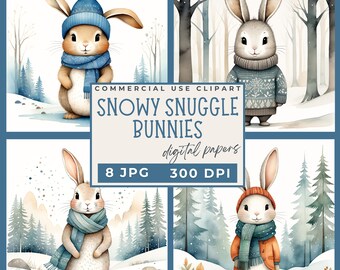 Watercolor Winter rabbit clipart, 8 high quality JPG, Cute Snowy Bunny Graphics Clipart, Winter Bunny Nursery PNG for Paper Crafts, Wall art