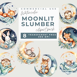 Moonlit slumber, sleeping baby animals on crescent moon, Sleeping Animals in Pyjamas on Crescent Moon, Nursery wall art, commercial use PNG