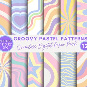 Papel digital Retro Groovy, papeles digitales Groovy en tonos pastel, papel digital sin costuras, paquete de papel digital Groovy, archivos JPG, patrón hippie, álbum de recortes de los años 70