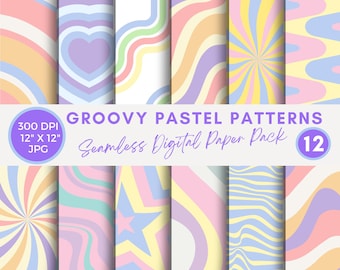 Papel digital Retro Groovy, papeles digitales Groovy en tonos pastel, papel digital sin costuras, paquete de papel digital Groovy, archivos JPG, patrón hippie, álbum de recortes de los años 70