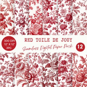 Rood toile digitaal papier, naadloze vintage bloemenpatronen, Franse landelijke scrapbooking, Shabby Chic achtergronden Stof Design, Junk Journals