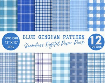 Blue Gingham Pattern Digital Paper, Blue Checkered Backgrounds, Farmhouse Plaid Scrapbook Paper, Cottagecore Gingham Patterns, 12 JPG